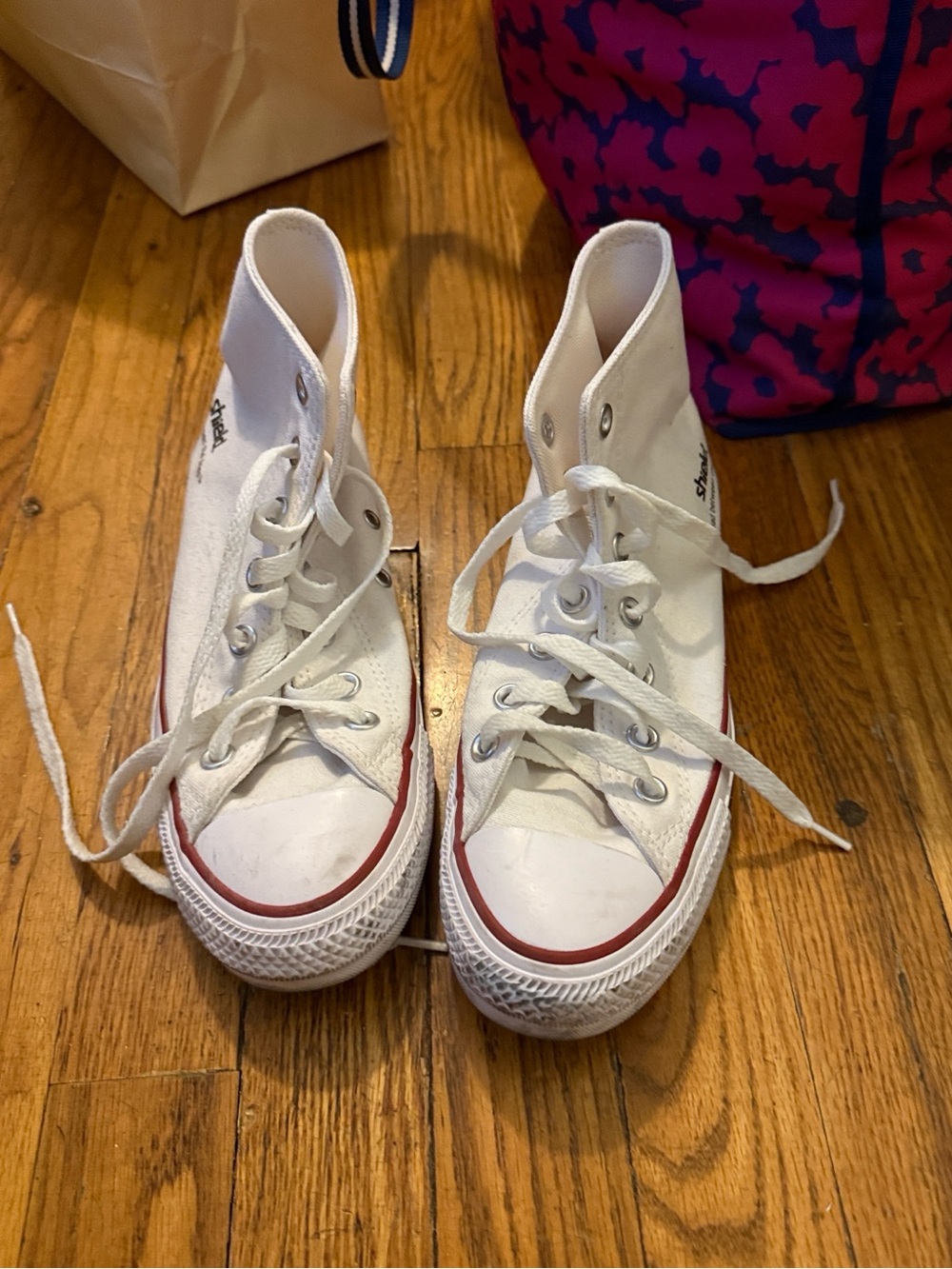 Converse White High-Top Canvas Sneakers with burgundy / Red Trim